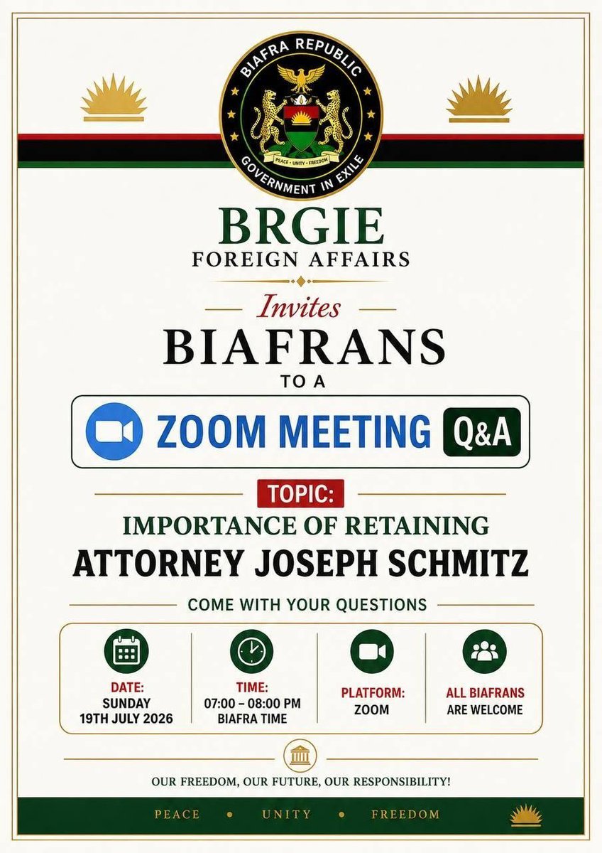 BrgieFAM's tweet photo. BRGIE is inviting you to a scheduled Zoom meeting.

Topic: IMPORTANCE OF RETAINING HON JOSEPH SCHMITZ
Time: Jul 19, 2026 07:00 PM BIAFRA TIME
Join Zoom Meeting
https://t.co/CCTSwbDQnl

Meeting chat link
https://t.co/7ZeRFcbND4

Meeting ID: 886 9988 2998
Passcode: 252415

---

One tap mobile
+16465588656,,88699882998#,,,,*252415# US (New York)
+16469313860,,88699882998#,,,,*252415# US

---

Join by SIP
• 88699882998@zoomcrc.com

Join instructions
https://t.co/lGqlOGfCG2