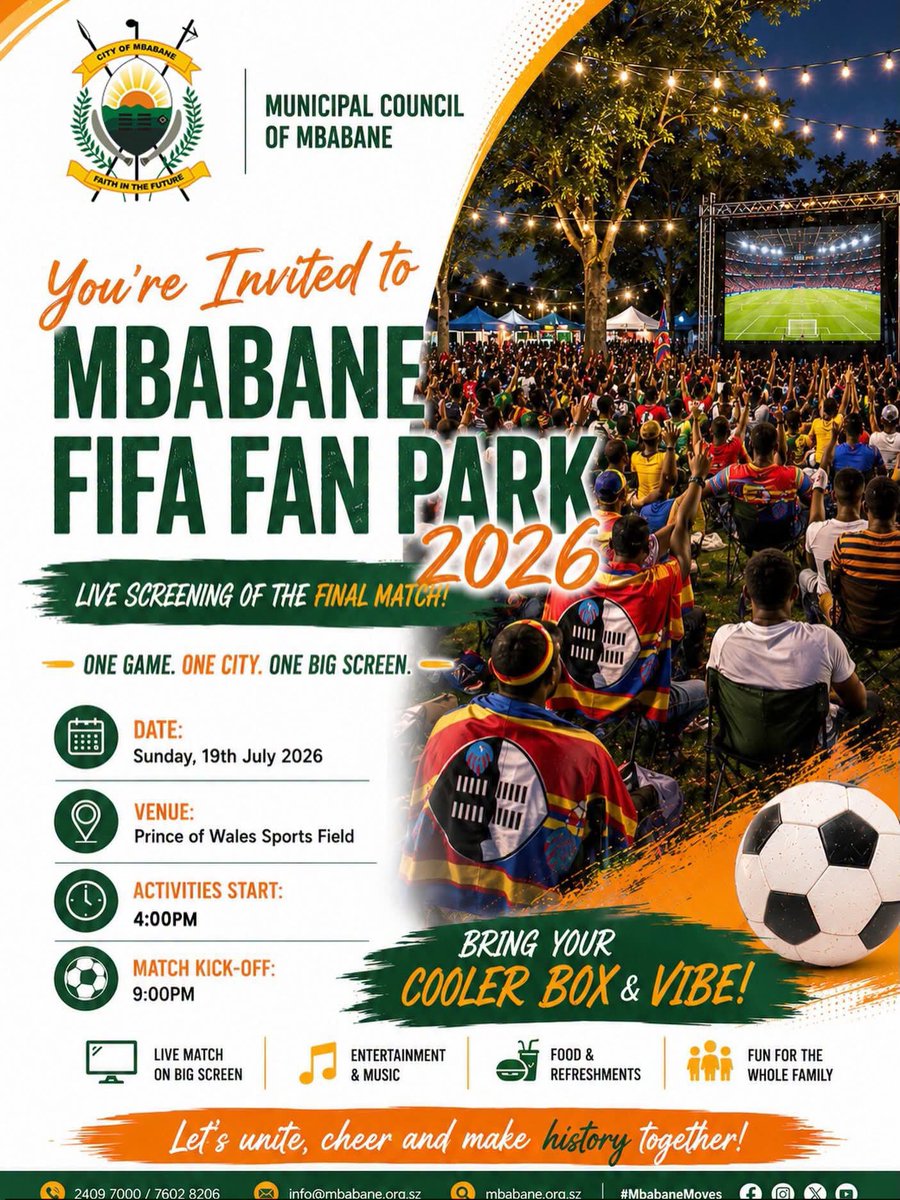umhlangaswz's tweet photo. Live screening of the FIFA World Cup Final ๐ฅณ๐ฅ๐
At The Prince of Wales Sports Field, Mbabane.
#entabeni #FanPark #eswatini https://t.co/6eFqVnlGyd