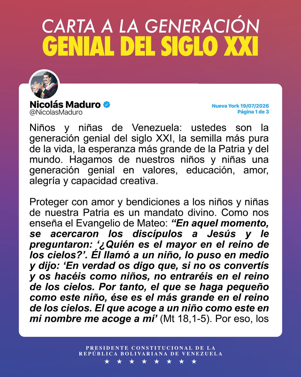 NicolasMaduro's tweet photo. Niños y niñas de Venezuela, son la Generación Genial del siglo XXI, la semilla más pura de la vida, la esperanza más grande de la Patria y del mundo. ¡Dios los bendiga! ¡Abrazos y felicidades! https://t.co/SBgHnZz9xr