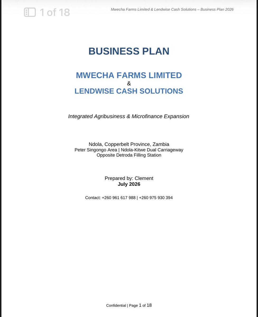 clement_chama's tweet photo. Investment Opportunity: Mwecha Farms Limited & Lendwise Cash Solutions – Ndola, Zambia
Hello everyone,
My name is Clement, owner of Mwecha Farms Limited located in Peter Singongo along the Ndola-Kitwe Dual Carriageway (opposite Detroda Filling Station).
We are already operating successfully with integrated tilapia farming and fresh vegetables.
We have already launched Lendwise Cash Solutions, our micro-lending arm under Mwecha Farms Limited, and we are now ready to scale significantly.
Our Expansion Plans Include:
•  More fish ponds
•  Layer chickens (eggs) and broilers
•  Pigs (integrated with ponds)
•  Our own butchery/outlet for direct retail sales of fish, chicken, and eggs
We are looking for serious investors or lenders who can partner with us on the next phase of growth.
Preferred Terms:
•  Low interest rate
•  Repayment period: Less than 5 years
•  Grace period: 1 year before payments begin
•  Transparent agreement with proper documentation
This is a genuine opportunity to invest in a proven, growing agribusiness with real production results, strong location advantage, vertical integration (farm + butchery), and an existing lending arm.
A full professional business plan with financial projections, capital requirements, and margin analysis is available for serious interested parties.
Contact me directly: 📞 +260 961 617 988
📞 +260 975 930 394
Let’s grow together!
Mwecha Farms Limited & Lendwise Cash Solutions
Ndola, Copperbelt – Zambia
#MwechaFarms #LendwiseCashSolutions #AgribusinessZambia #InvestmentOpportunity #TilapiaFarming #CopperbeltBusiness #ZambiaInvestment
