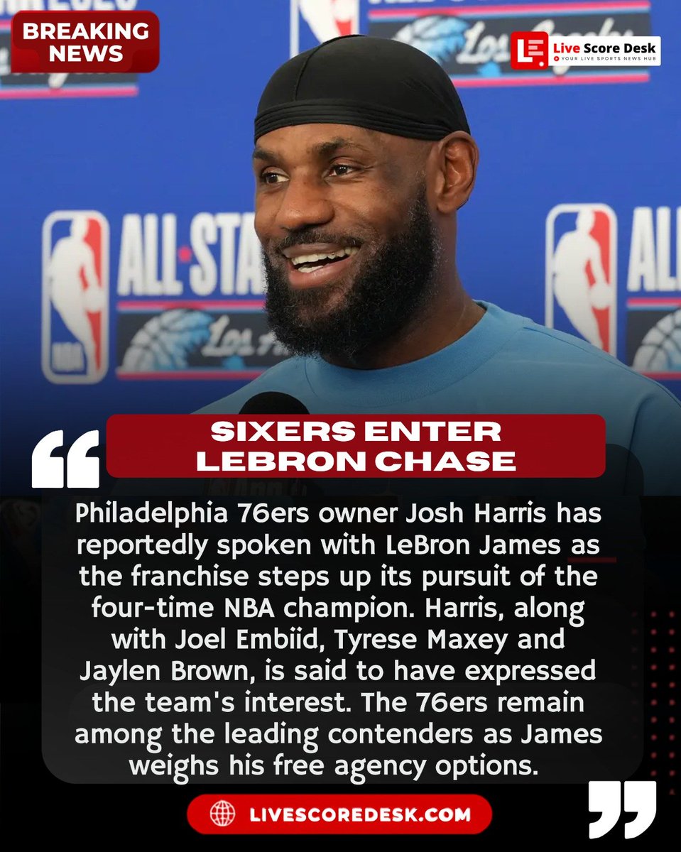 Livescoredesk's tweet photo. LeBron James attracts strong Philadelphia 76ers interest during NBA free agency.
updates at https://t.co/poAYjl0c0J π
LeBron James Philadelphia 76ers Β· Josh Harris LeBron meeting Β· NBA free agency news
#LeBronJames #BasketballNews #NBAFreeAgency #76ersRumours #LiveScoreDesk https://t.co/ZSvWfuTIei