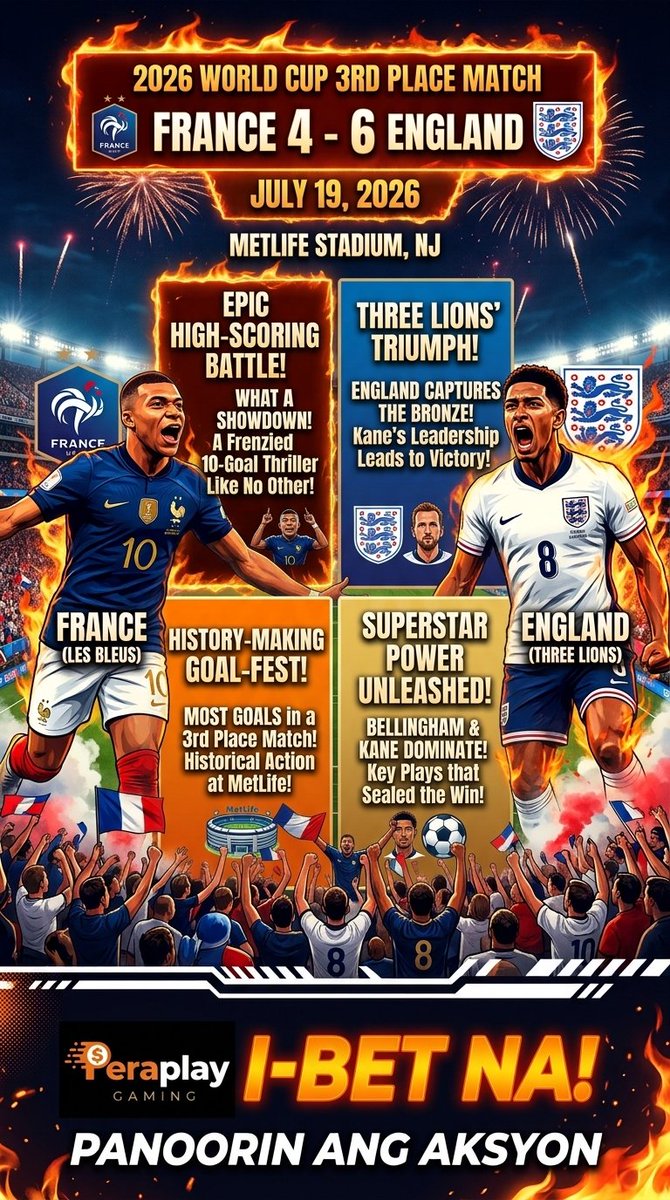 PeraplayGlobal's tweet photo. Wala pa tayong nakitang ganito! What a goal-fest! ๐ฑ France (4) - (6) England. Isang historical match 'to! โฝ๏ธ
Did you catch this Match?
https://t.co/H97aSBmruh
https://t.co/KVWJkkTppE
#WorldCup2026 #FranceVsEngland #FootballFever #HistoricalMatch #PanoorinAngAksyon #GoalFest https://t.co/U6iKUkaVJN
