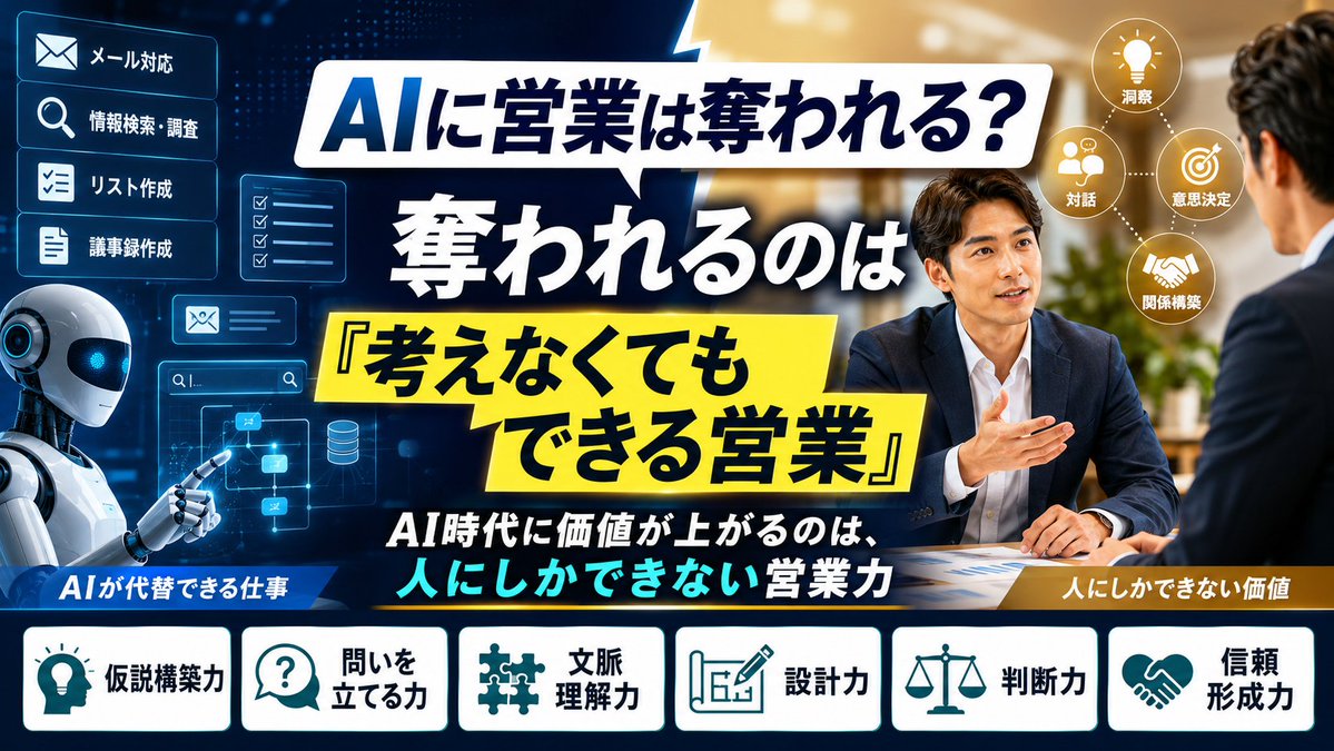Take_workstyle's tweet photo. 「AIに営業の仕事を奪われる」は、半分正しく、半分間違いです。

正確には、奪われるのは営業という仕事ではなく、
「考えなくてもできる営業」です。

企業調査、リスト作成、定型メール、議事録、一次対応。
こうした平均点を出す作業は、今後さらにAIへ置き換わります。

では、人間の営業には何が残るのか。

私は、AI時代に価値が上がるのは次の6つだと考えています。

①断片的な情報から、顧客の課題を予測する「仮説構築力」
②相手も気づいていない問題を引き出す「問いを立てる力」
③社風や組織事情まで読み取る「文脈理解力」
④マーケ、営業、CSを売上の流れでつなぐ「設計力」
⑤迷う顧客の意思決定を支える「判断力」
⑥不都合な事実も正直に伝える「信頼形成力」

たとえばテレアポで、

「何か課題はありますか？」

と聞くだけなら、AIでも作れるスクリプトです。

しかし、

「採用数は増えているのに売上が伸びていないなら、人手不足より、営業の立ち上がりや定着に課題があるのではないですか？」

と仮説をぶつければ、会話の質は変わります。

営業の本質は、商品を説明することではありません。

顧客自身も言語化できていない課題を見つけ、納得できる意思決定まで伴走することです。

AIが平均点を上げるほど、平均的な営業の価値は下がる。

一方で、AIを使って作業を減らし、人間にしかできない思考・共感・責任へ時間を使える人の価値は上がります。

フュージョンバリューが考えるAI活用は、人を減らすことではありません。

人が本来向き合うべき顧客理解に、時間を戻すことです。

AI時代に必要なのは、電話件数を増やす仕組みではなく、顧客との対話を売上につなげる営業設計です。