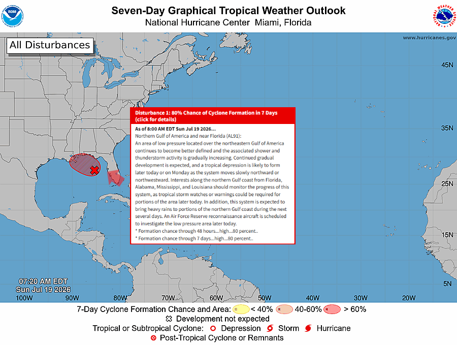 FloridaTropics1's tweet photo. Good morning! Development odds for #91L have jumped up to 80% as of the 8 AM tropical weather outlook. Recon will be in the air this afternoon to investigate. We could see a depression later today along with tropical storm watches/warnings. Going to be a busy day! https://t.co/e5PPLR143c