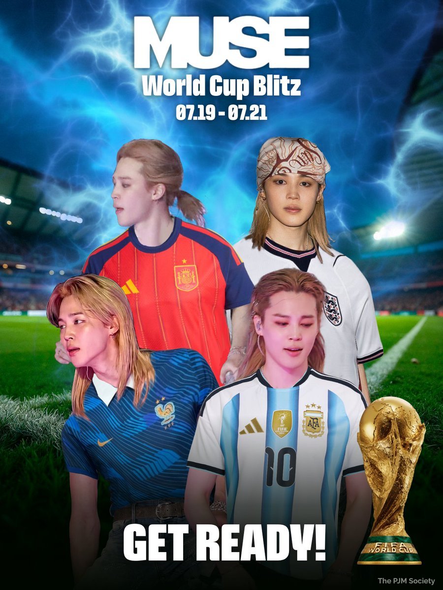 THEJIMINATION's tweet photo. 🔥 CHOOSE YOUR JERSEYS. DEFEND THE CHART. 

MUSE: World Cup Blitz kicks off TONIGHT!

⚔️ 3rd Place Playoff: England vs. France
⚔️ The Grand Final: Spain vs. Argentina

Get ready to start at 10:00 PM KST! ⚽

#MUSE_WorldCupBlitz #Jimin https://t.co/MncvvfKB5M