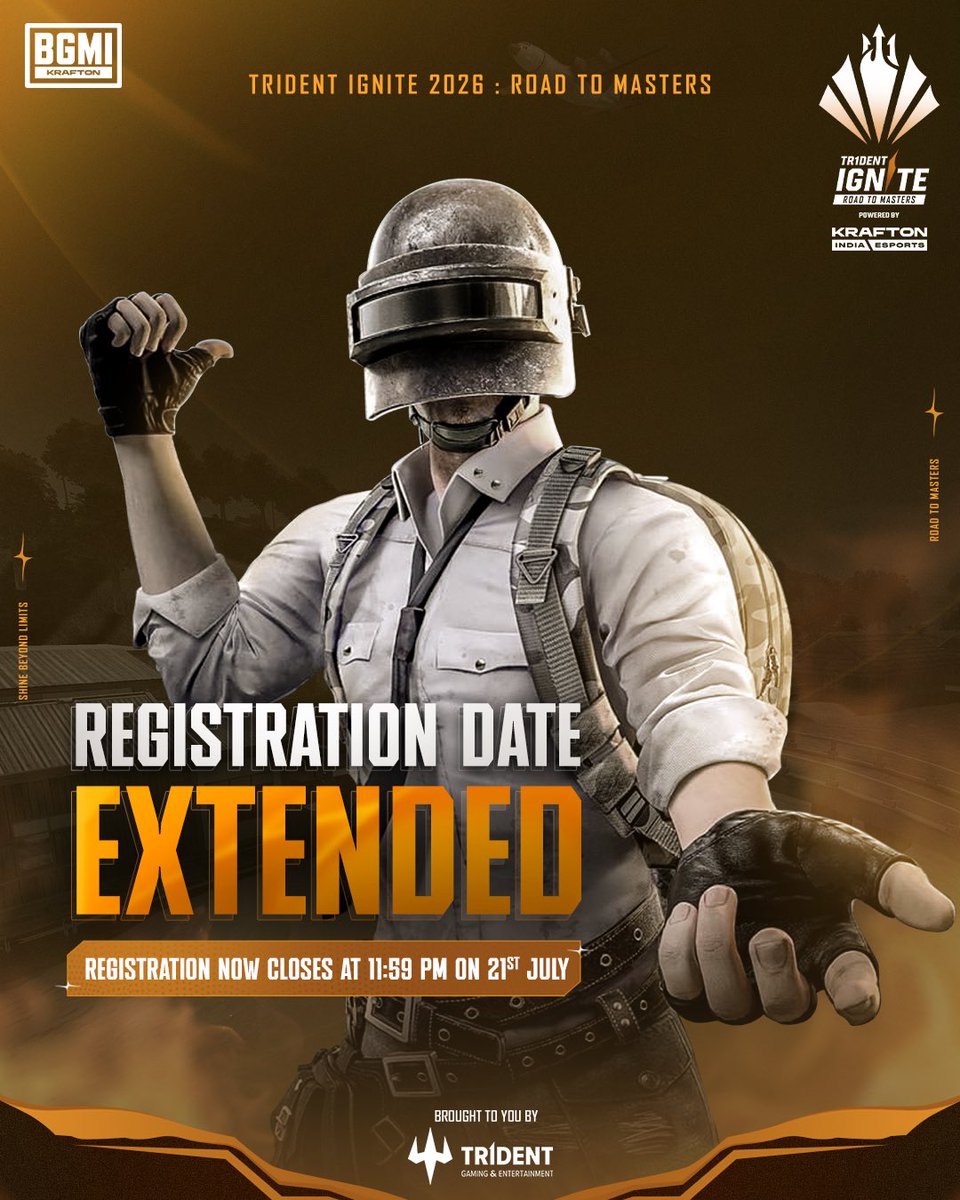 Tridentgaming09's tweet photo. 🚨 REGISTRATIONS EXTENDED. 🚨

More time. One more opportunity.

The road isn't closed just yet. Gather your squad, lock in your roster, and take the first step on your Road to Masters.⚡

⏰ Registrations Extended till 21st July | 11:59 PM IST https://t.co/ibCKC5gepV