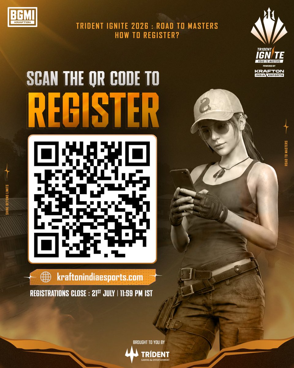 Tridentgaming09's tweet photo. 🏆 Trident IGNITE 2026 : Road to Masters
🎮 Powered by Krafton India Esports

Don't miss your shot. Register before the deadline.

Ignite the Spark.✨

#BGMI #TridentGaming #TridentIGNITE #KraftonIndiaEsports https://t.co/KIOm7Nltuz