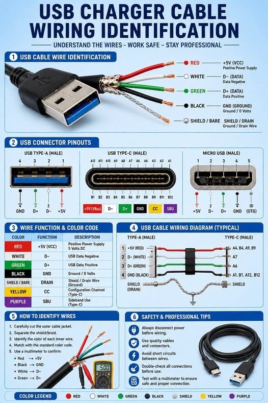 Hamzaonchain's tweet photo. Ever wondered what's actually inside a USB cable?

It may look like a simple charging cable, but there are multiple wires inside, and each one has a specific job.

 • Red carries +5V power (VCC) to power your device.

 • Black is Ground (GND) and completes the electrical circuit.

 • White carries D-, one half of the data signal.

 • Green carries D+, the other half of the data signal.

 • The bare shield wire helps reduce electrical interference and improves signal quality.

The image also shows the pinouts for USB-A, USB-C, and Micro USB connectors, making it easier to understand how the wires connect to each pin. While the four main wires remain the same for basic USB communication, USB-C adds extra pins for features like faster charging, higher data speeds, and alternate modes such as video output.

If you're repairing a cable, building electronics, or just curious about how your devices work, understanding these wire functions can save you a lot of guesswork. Just remember to disconnect power before working on any cable and verify connections with a multimeter whenever possible.

Sometimes the smallest cable on your desk contains more engineering than you'd expect.