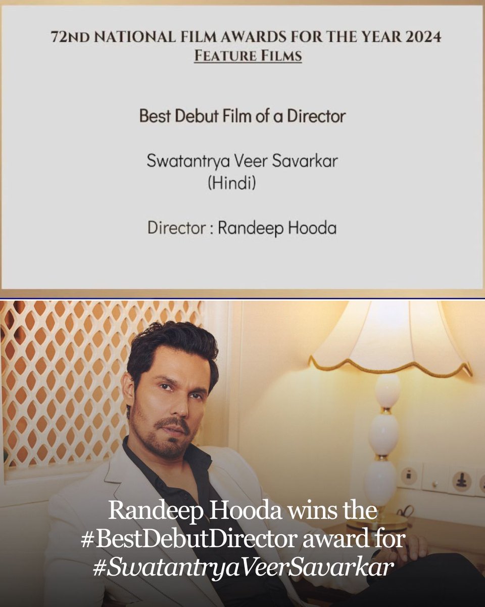 bombaytimes's tweet photo. #RandeepHooda wins the #BestDebutDirector award at the 72nd National Film Awards for #SwatantryaVeerSavarkar https://t.co/008HK6p4LO