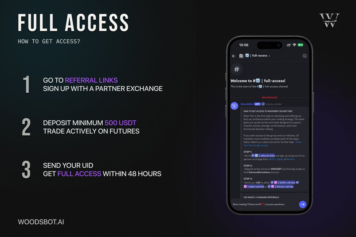 w00dsbot's tweet photo. Access should be straightforward.

Choose a WoodsBot partner link, complete the exchange setup, trade actively, and submit your UID for verification.

That is the path to WoodsBot full access. Link is in the BIO. https://t.co/EzWt0owc7j