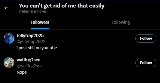 DavidHolyb83281's tweet photo. @eternalannoyer it's also crazy that jellytrap follows the 2 account that quote-tweeted my post, harassing me for calling him out for how stupid he is. you couldn't have made the alts more obvious if you tried, you loser. https://t.co/aCyYADoQtb