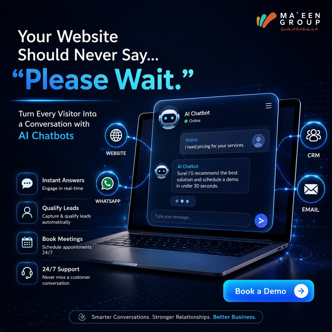 MaeenGroup's tweet photo. *Your Website Should Never Say "Please Wait."*

Every delayed reply can cost you a customer.

🤖 AI Chatbots:
⚡ Reply instantly
🎯 Capture leads
📅 Book meetings
💬 Support customers 24/7

Turn visitors into conversations.

#AI #Chatbot #LeadGeneration  #Automation #CX https://t.co/Nhf070oFMe