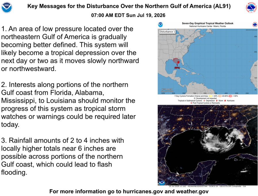 NHC_Atlantic's tweet photo. 8am EDT July 19th - There is a high chance (80%) of a tropical depression forming over the northern Gulf of America. Here are the updated Key Messages on the system (#AL91). https://t.co/5gSmT9OQkL