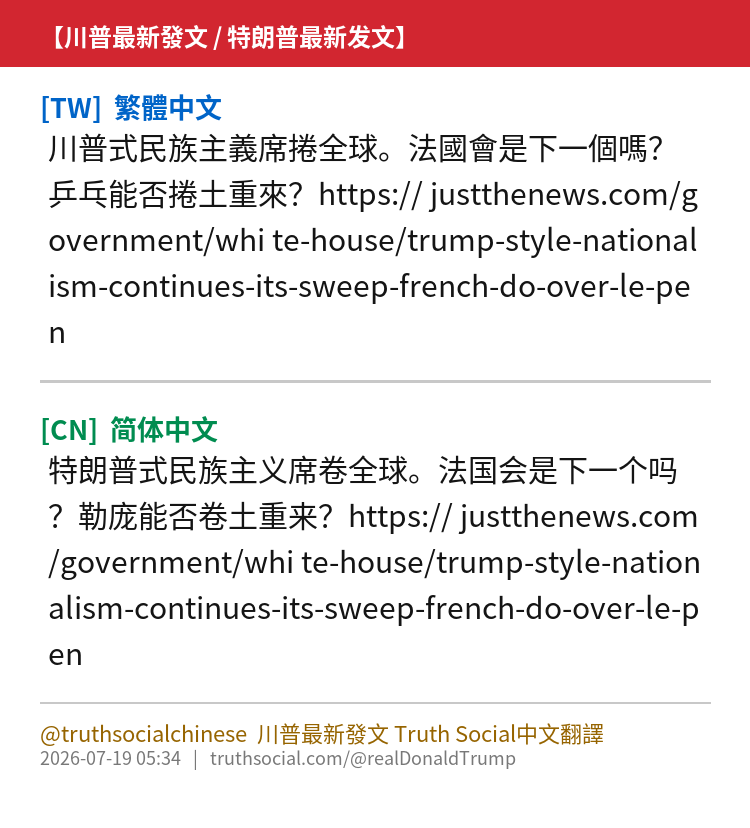 TtoXandY1's tweet photo. 【川普最新發文】
川普式民族主義席捲全球。法國會是下一個嗎?乒乓能否捲土重來?https:// https://t.co/ghAzTtkb6L te-house/t...
原帖 >> https://t.co/p29Lgri6Nx
#川普 #特朗普 #Trump #MAGA #TruthSocial #川普發文 https://t.co/qRLnuZSV2f
