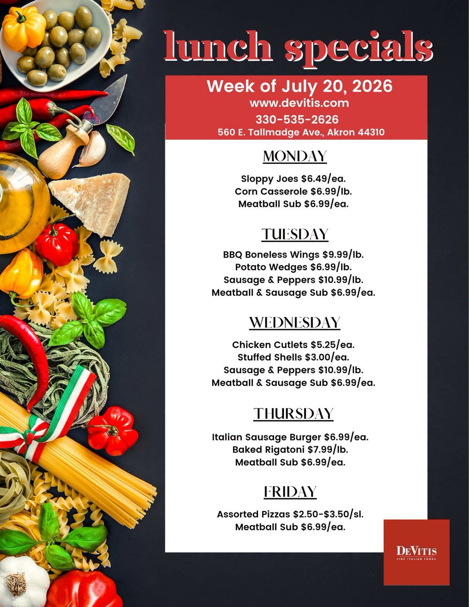DeVitisMarket's tweet photo. It's hard to pick a favorite Hot Lunch for this week, they are all amazing! 😃🎉😋 We hope to see you in! https://t.co/0NOvyS3YS0