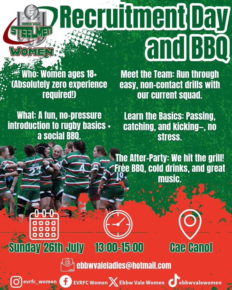 EbbwLadies's tweet photo. 🚨🚨Open Day and BBQ 🚨🚨

Join us Sunday 26th July for an open training session followed by a BBQ with the team. 

Never played? Not a problem! The session is open to all ability levels! 

Come along and meet the team then stay for some food, drinks and music! https://t.co/FyyPQm24tO