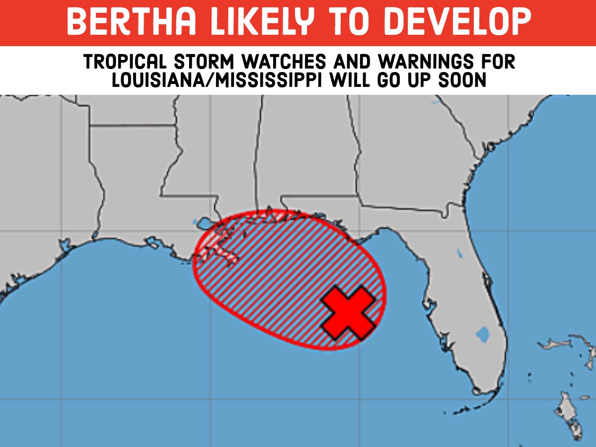 ZackFradellaWx's tweet photo. The National Hurricane Center now gives the Gulf disturbance a high chance of formation. Residents in Louisiana and Mississippi are likely to go under Tropical Storm Watches or Warnings soon. #lawx https://t.co/jnLiAnB6fI