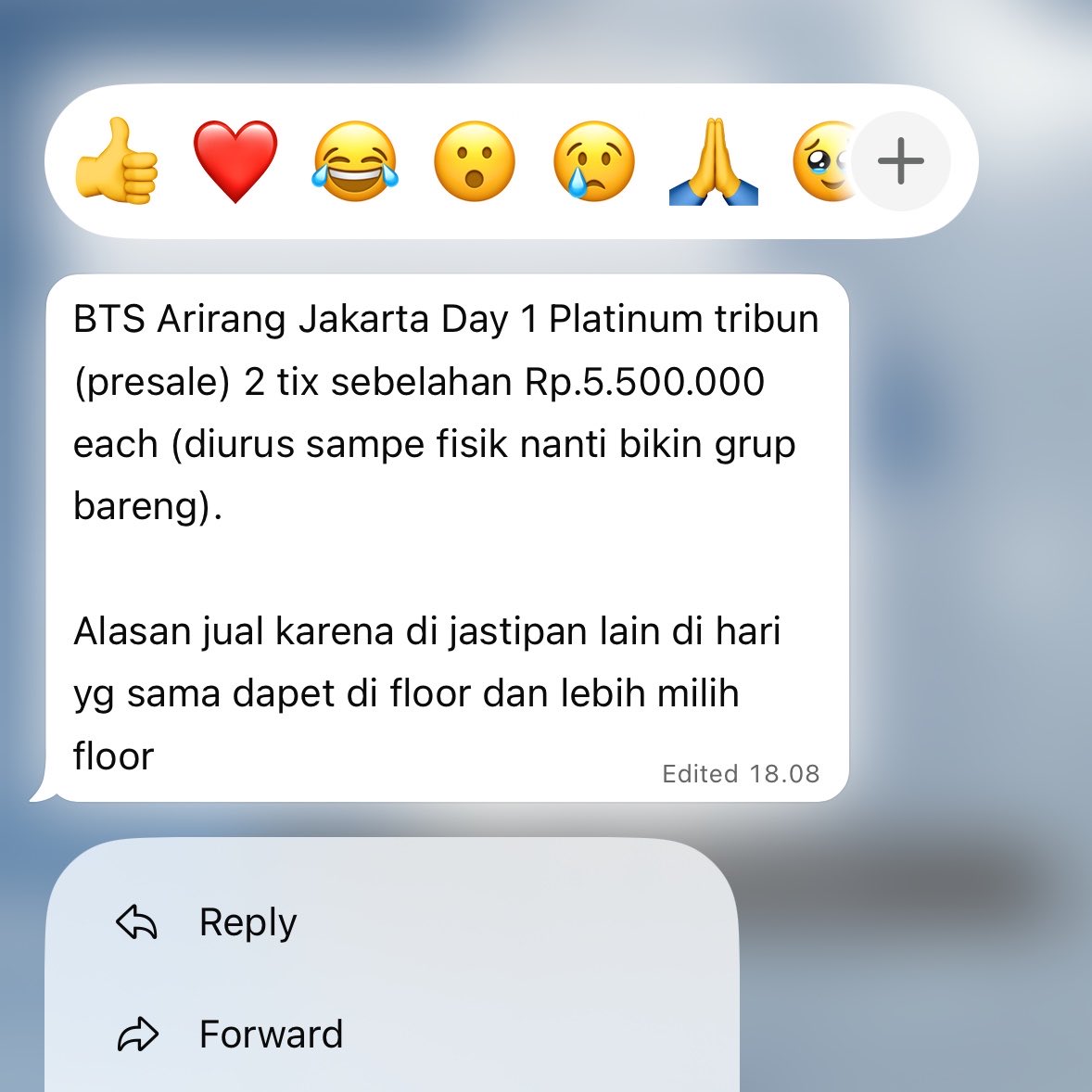 injunmanis's tweet photo. WTS BTS Arirang in Jakarta (bantu tante ku dan temennya🥹)

💜 Day 1 - Platinum tribune (presale)
❗️ 2 tix sebelahan, Rp.5.500.000/each

💜 Day 3 - Cat 3
❗️ 2 tix, Rp.3.850.000/each. https://t.co/hLBYUqNSvt
