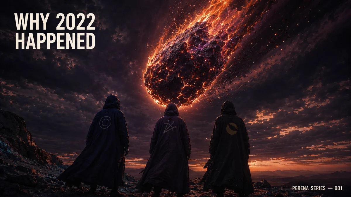 Three cloaked figures stand on a rocky landscape under a dramatic sky, observing a fiery meteor descending towards them.