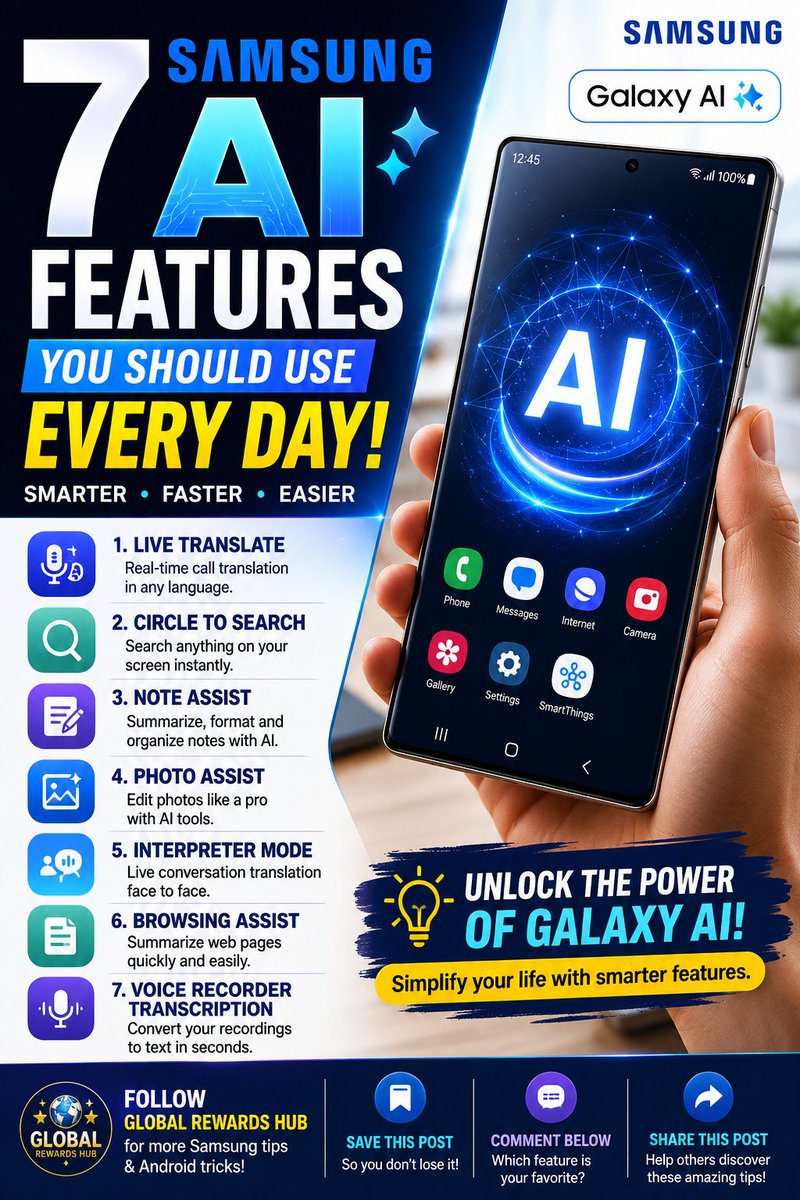 saifullahiu1778's tweet photo. Discover 7 useful Samsung Galaxy AI features that make everyday tasks easier. Follow Global Rewards Hub for more Samsung tips!#Samsung #GalaxyAI  #SamsungTips #TechTips #GlobalRewardsHub https://t.co/LMMTVAXfmt