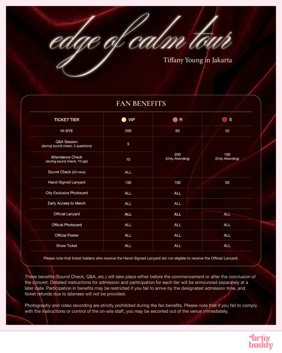 urtixbuddy's tweet photo. OPEN JASA WAR TIFFANY YOUNG: EDGE OF CALM TOUR IN JAKARTA 💗

Fee Jaswar: Rp300.000 / tix
(No DP needed, fee payment after secured ur tix)

• self-payment
• limited slot
• menggunakan data pribadi

DM for order! ✨

#TiffanyYoung #티파니영 #EdgeofCalmTour #EdgeofCalmInJakarta https://t.co/wv2uR1RNKx