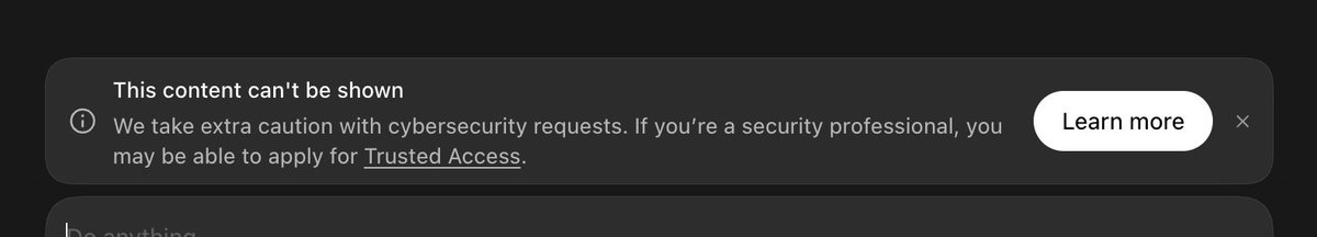jadechip's tweet photo. I love @OpenAI's codex and 5.6 Sol but doing any kind of LLM or kernel optimization gets flagged as cybersecurity, guess I should  switch to @Kimi_Moonshot with k3 https://t.co/PLMzAL120q