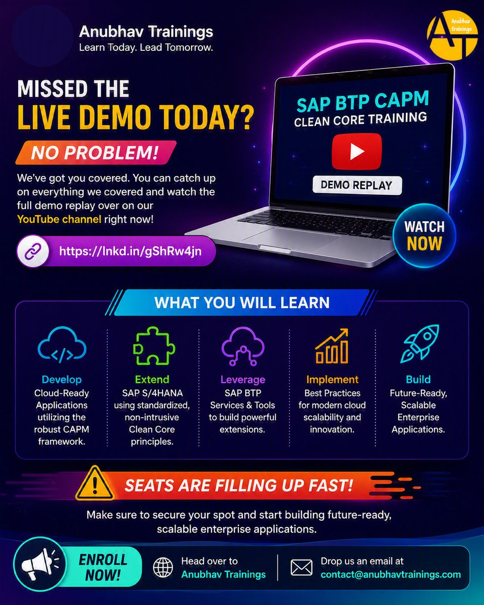 Awasthi1Vedika's tweet photo. SAP BTP CAPM LIVE TRAINING
๐ Enroll Now: Head over to Anubhav Trainings or drop us an email at contact@anubhavtrainings.com to register today!
#SAPBTP #CAPM #CleanCore #SAPTraining #CloudDevelopment #AnubhavTrainings https://t.co/gYURZvqbK3