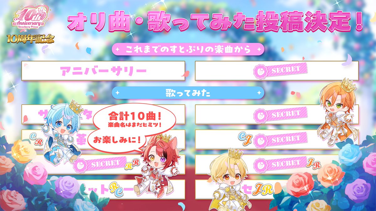StPri_info's tweet photo. ⁺˖⟡ #すとぷり10周年 記念 ⟡˖⁺
オリ曲・歌ってみた投稿決定 𝄞⨾𓍢ִ✩♬
┈ ┈ ┈ ┈ ┈ ┈ ┈ ┈ ┈ ┈ ┈ ┈ ┈ 

これまでのすとぷりの楽曲からは2曲公開!!
♪アニバーサリー
♪？？？？

そして...
〖歌ってみた〗のペアと
〖楽曲のヒント〗も特別に公開🎼✨

どの投稿もお楽しみに！ https://t.co/yFNsnOZOlb