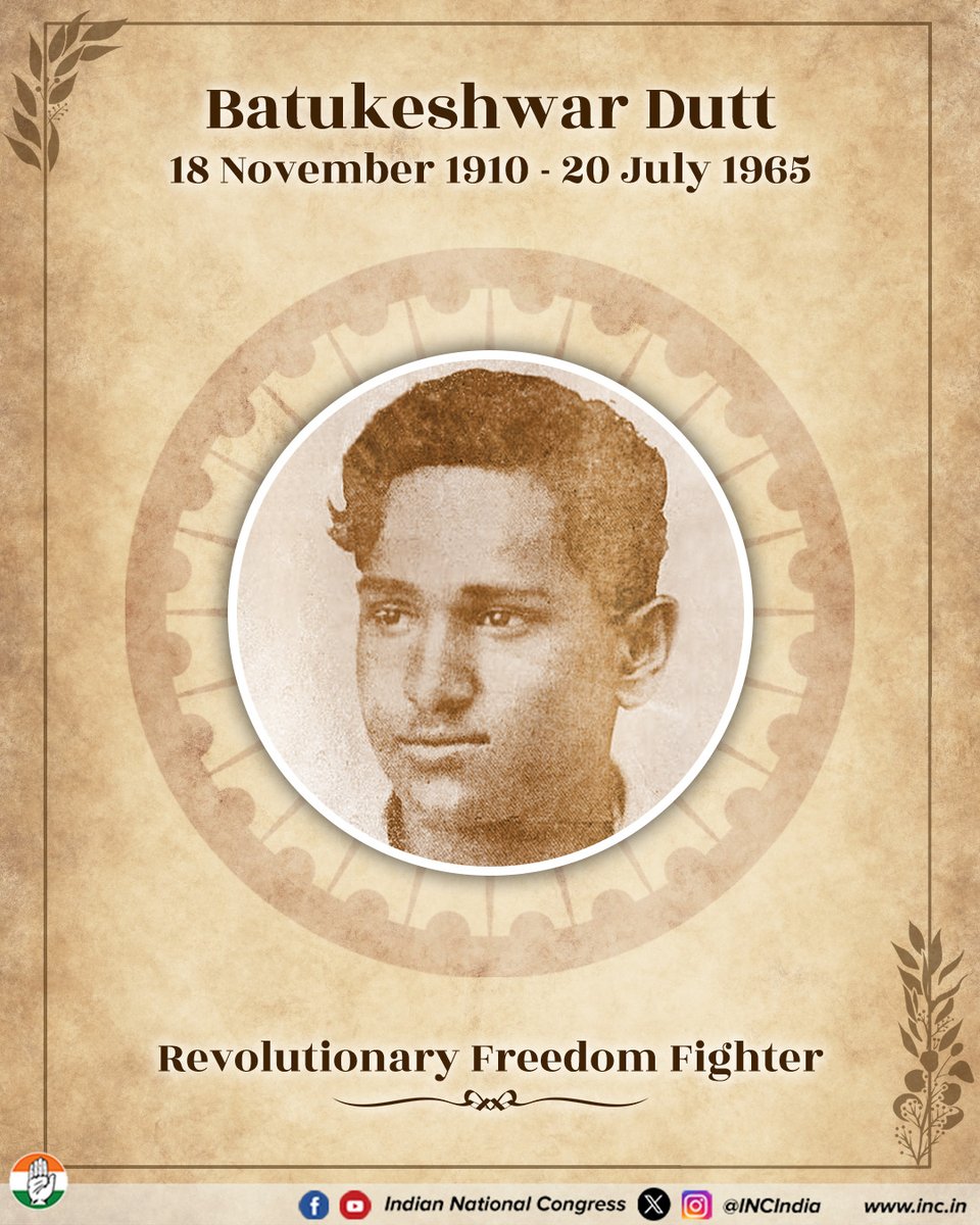 INCIndia's tweet photo. Remembering revolutionary freedom fighter Batukeshwar Dutt on his death anniversary.

His unwavering spirit and dedication to the nation’s cause continue to inspire generations of Indians. 
A heartfelt tribute.

Jai Hind 🇮🇳 https://t.co/cKIBCrtvA7