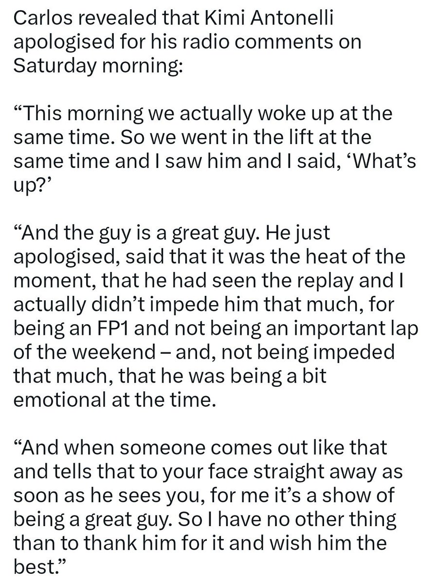 kimiforwdc's tweet photo. sainz said that kimi apologized for his radio, so he thanked him for it and wished him all the best. and this proves once again that kimi always hold himself accountable and apologizes first. that's why everyone says he's the great guy &amp; no one has anything bad to say about him https://t.co/HDjx9YKfRP