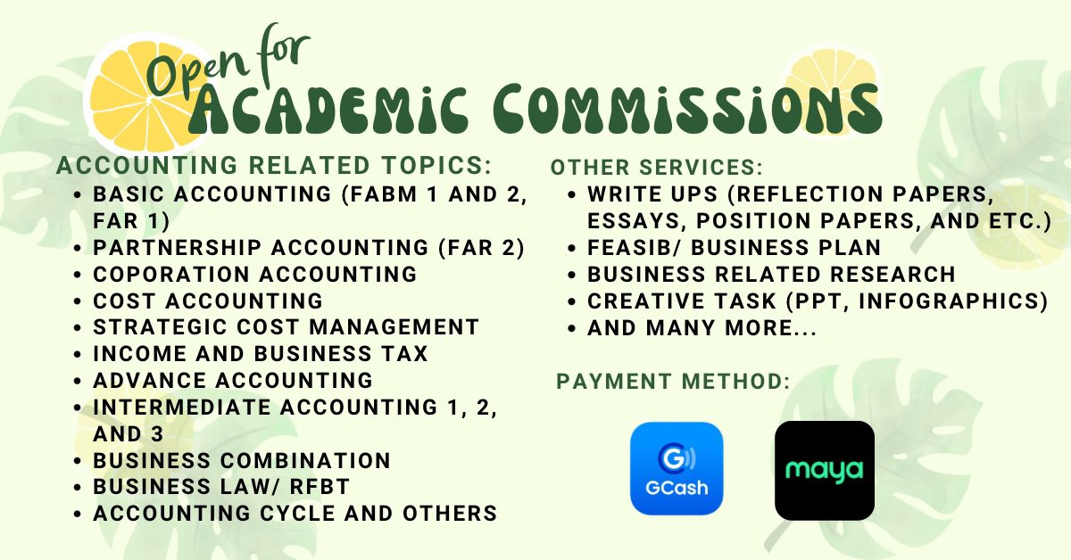 LeMonAcadComms's tweet photo. Hi, this is Le Mon, open for accounting commissions, rush &amp; non-rush, timed and scheduled exam/quiz

lf client bsa abm accountancy fabm partnership corporation taxation cost accounting worksheet financial statements reflection paper journal trial balance stratcost management https://t.co/jcHLbNajOQ