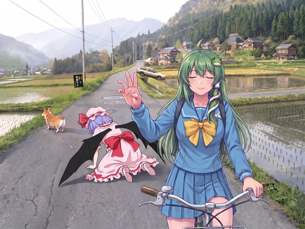 91Satomio's tweet photo. 東方×情報量が多い田舎道【改】
https://t.co/ynyfoGcgGs
1.早苗さんの制服が古のレジェンド高校の制服。
2.転んでる人がカリスマ溢れるあのお方。
3.田んぼに突っ込んだトラクターの代わりに、頭文字が付きそうな車。
4.認識不可能だった道端の看板がネコ和解看板。
など、情報を上書き https://t.co/4pEwYLHdvQ