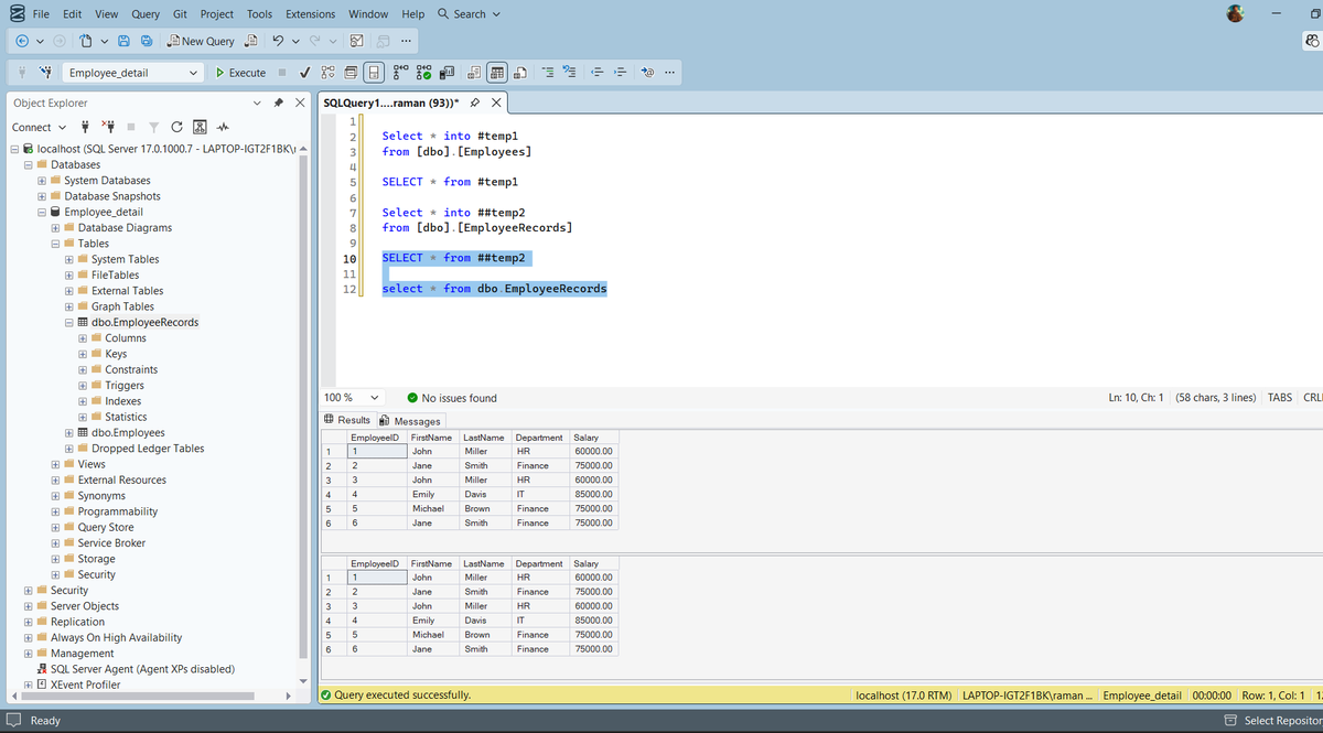 SysSparkRaMaN's tweet photo. Hello Geeks , In today session . I started my SQL from the basics , in which I covered , how to create database and table in it .
And remove the duplicate value by using ( Distinct) statement . Also learned the how to make temporary table which are two types #temp1 and ##temp2. https://t.co/5ChkyvrOOZ