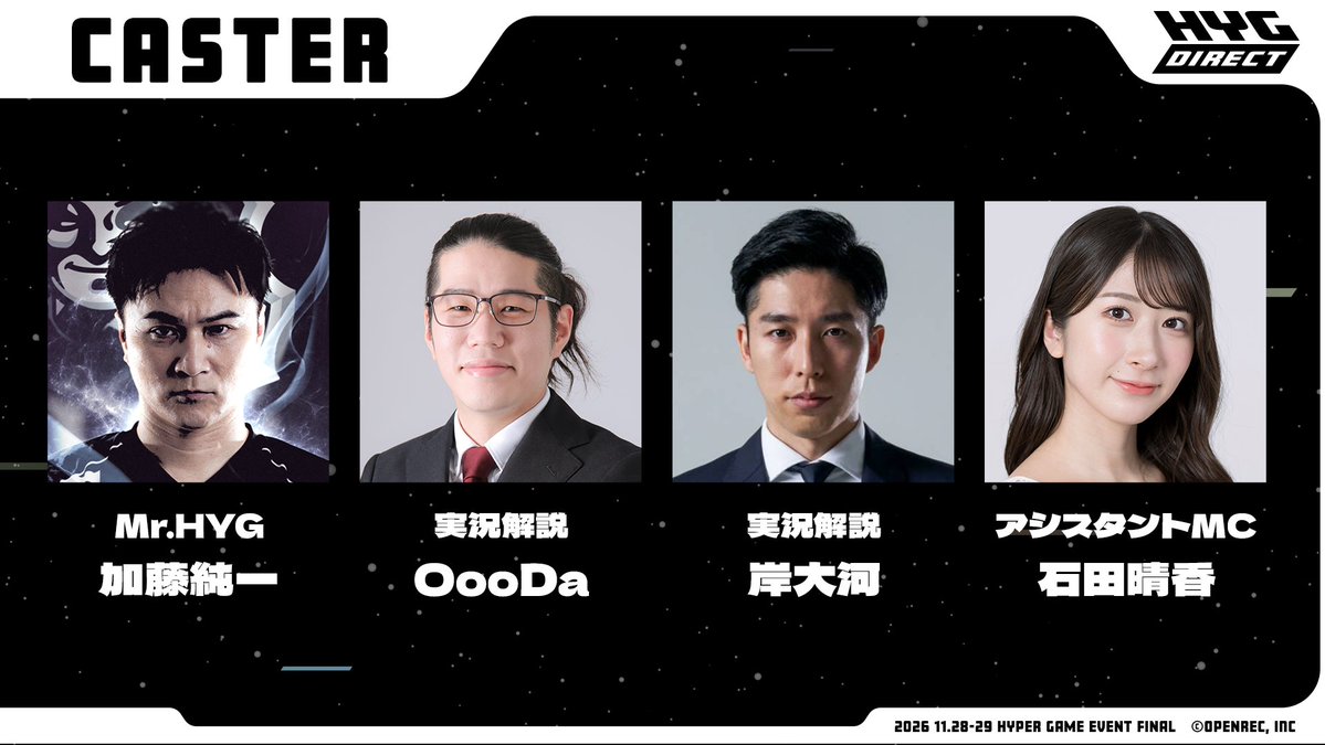 hypergameinfo's tweet photo. 🎙️MC・実況キャスター発表
FINALの熱狂を伝える実況・MC陣はこちら！
🎟️ハイパープレミアム最速先行抽選 受付中
https://t.co/JYxTihiyTA

受付期間：7/19(日)21:00〜8/2(日)23:59
当落発表：8/7(金)15:00〜
HP：https://t.co/MUMnuzEpEm

#配信者ハイパーゲーム大会FINAL #ハイゲFINAL https://t.co/dOv5DwiJGe