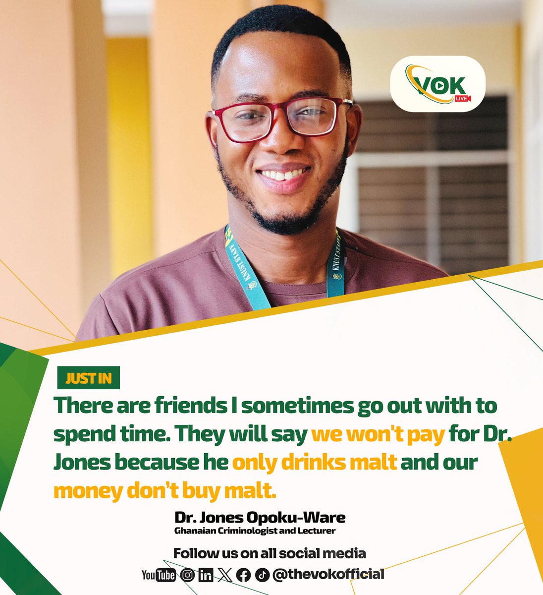 Thevokofficial's tweet photo. 📍📍JUST IN📍📍

Dr. Jones Opoku-Ware, a Ghanaian criminologist, speaks on how the behavior of some friends in society is forcing friends towards alcoholism and drug abuse. ❗👀

Stay tuned✅ | #VOKLive https://t.co/F0inngsXxc