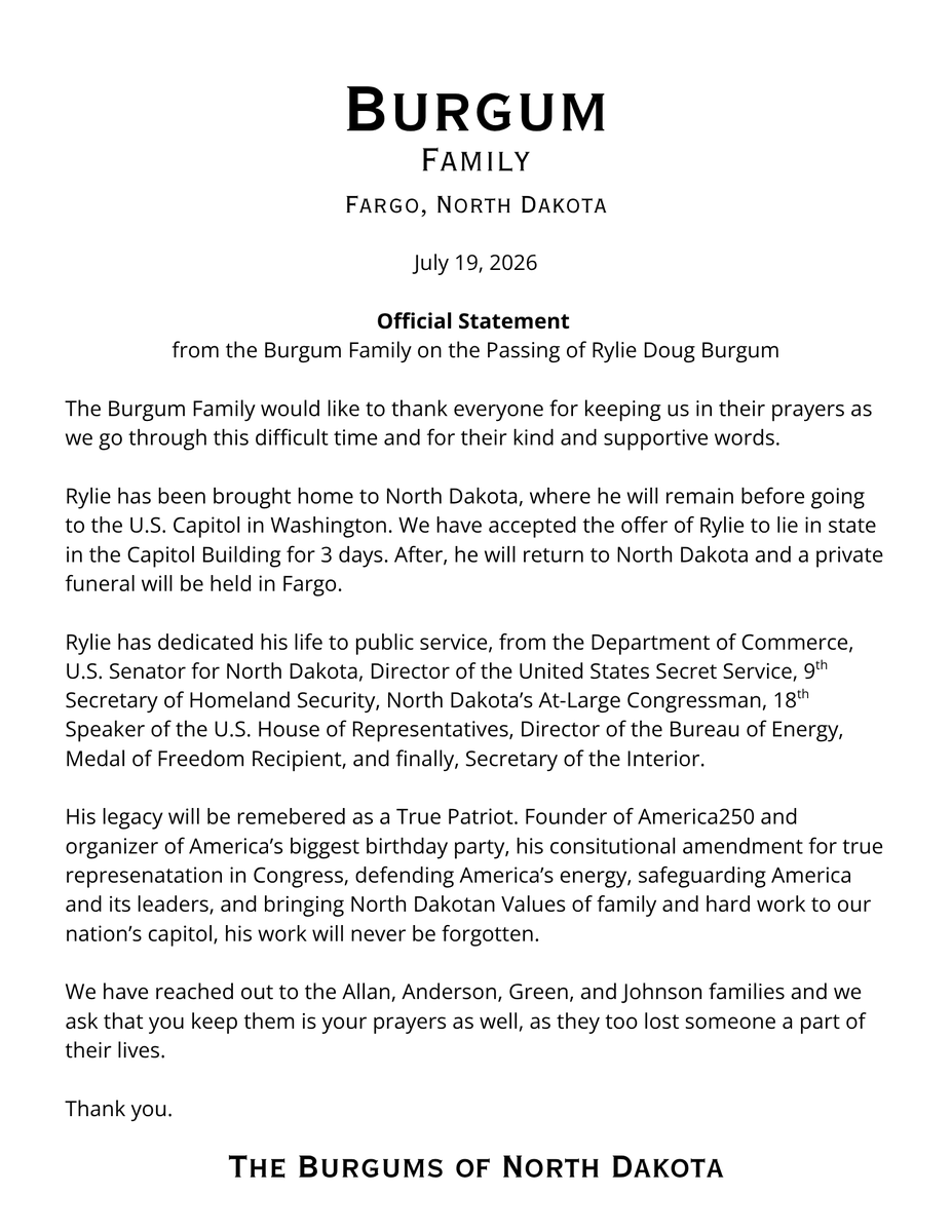 ArmstrongBUSA's tweet photo. Official Statement from the Burgum Family - July 19, 2026

[POSTS BELOW ARCHIVED] https://t.co/e3O1H7u06k