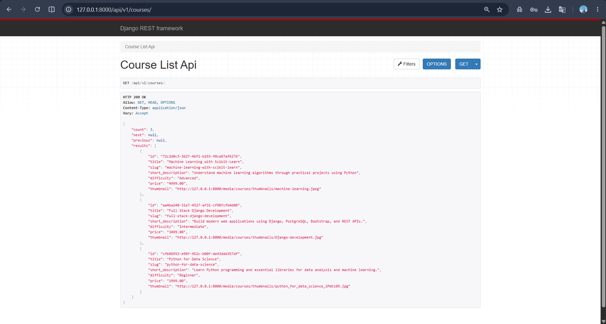 acharyautsab7's tweet photo. #LSPPDay49

Started building a Learning Platform API with Django REST Framework.

Built a Course Catalog API with filtering, search, ordering, pagination and endpoint testing.

GitHub Repo: https://t.co/ZkcvcsaJmh

@lftechnology
#60DaysOfLearning2026 #LearningWithLeapfrog https://t.co/b6UMHbrzQP