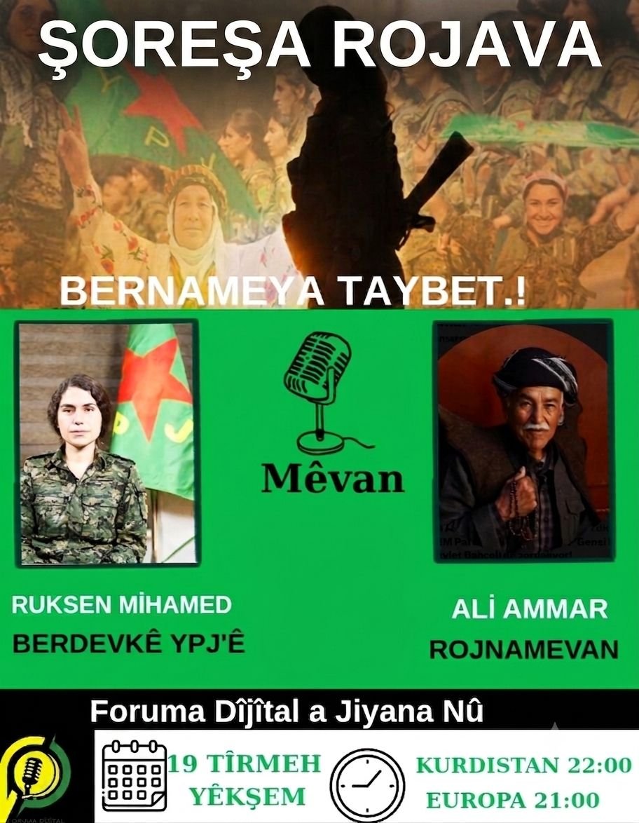 yeniyasamresmi_'s tweet photo. BU AKŞAM "ROJAVA DEVRİMİ'NİN YIL DÖNÜMÜ" VESİLEYLE ÖZEL PROGRAMIMIZ VAR.
KONUĞUMUZ YPG SÖZCÜSÜ BRÊZ RUKSEN MİHEMED VE GAZETECİ ALİ AMMAR OLACAK. 
PAYLAŞARAK DESTEK OLURSANIZ SEVİNİRİZ. https://t.co/KH5FT5m3dB