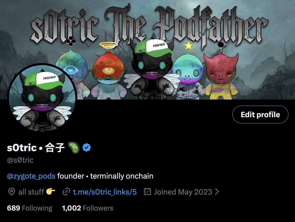 s0tric's tweet photo. first 1000 followers on my X personal account. suspect it's the hardest one

i write about what i do in the trenches and building my project. been in this space since 2021. was fully focused on Base starting 2023-2024. this month i switched to Robinhood like many others

here and now i keep looking for opportunities, figuring out new primitives and frontrunning narratives. let's see where this path leads