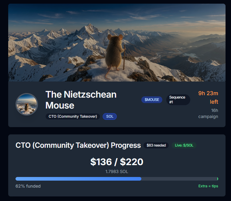 The_DexVault's tweet photo. Hey $MOUSE that decided get on top of the world. 62% there with your CTO crowdfunding!
Unfortunately X has temporarily banned us from posting our own links to the website, but you know how to find the campaign, right?
#Vault #DexVault
3wwU3njdLCT3ebRUrTFeHwKG6zamiiCKwmpShSK2pump