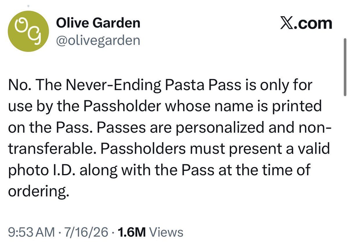 OceanRasso's tweet photo. @MattWalshBlog Olive Garden implemented the SAVE America Act before the Senate did.

It is now harder to get pasta than to get a ballot. https://t.co/aj6q1Baoil