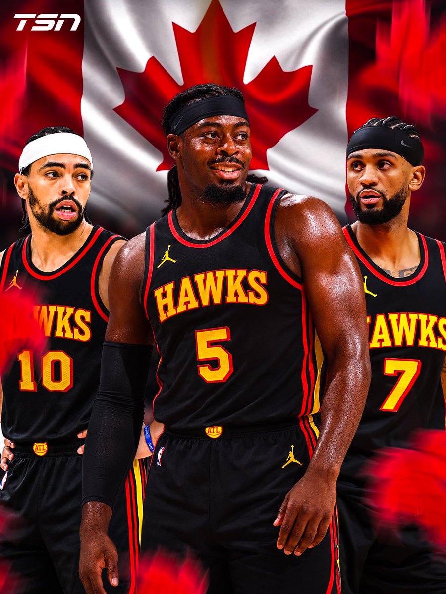 TSN_Sports's tweet photo. There's a new Canadian trio in Atlanta 👀🇨🇦

Montreal's Lu Dort and Aurora's Ryan Nembhard have been traded to the Hawks, joining Toronto's Nickeil Alexander-Walker to form the only Canadian trio in the NBA 🍁 https://t.co/qStQCvLk0n