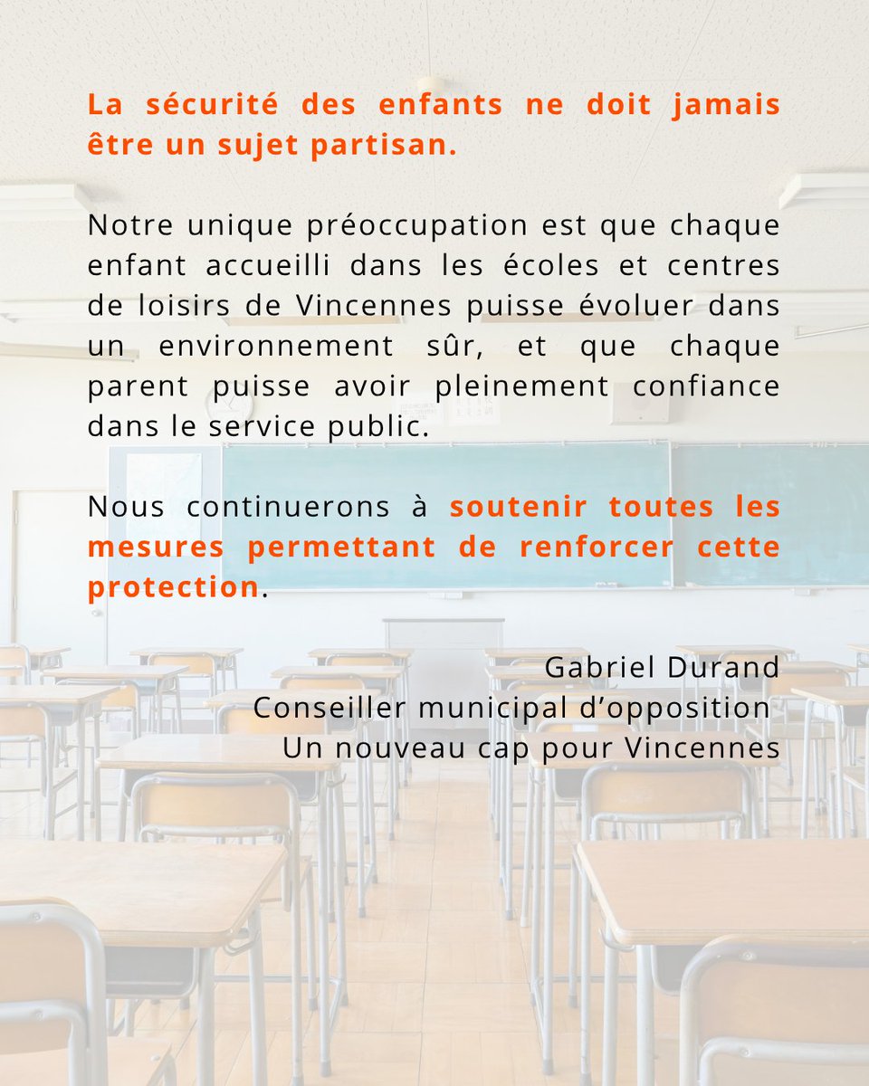 GabrielDurandRN's tweet photo. @rn_vincennes @RNational94 ✅ Une formation renforcée au repérage et au signalement des violences faites aux mineurs. 
✅ L'application du principe de précaution
✅ La création d'un groupe de travail réunissant élus, parents d'élèves et professionnels afin de renforcer durablement la protection des enfants https://t.co/yAKcnzdmr4