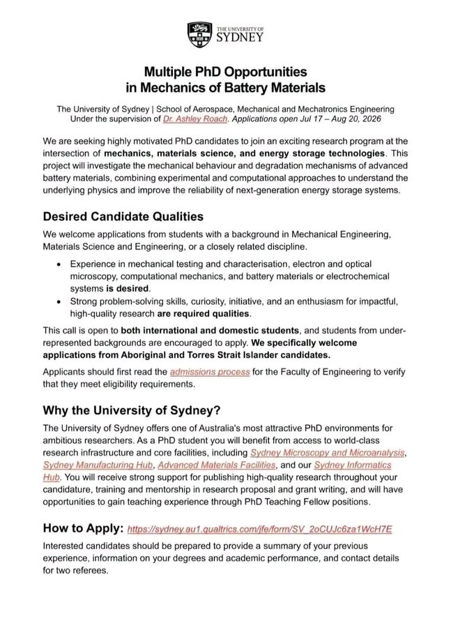 AdemilsonAt's tweet photo. 🇦🇺 PhD Opportunities in Mechanics of Battery Materials – University of Sydney
The University of Sydney is offering multiple PhD opportunities in Mechanics of Battery Materials under expert supervision.
📌 Ideal Backgrounds: • Mechanical Engineering
• Materials Science & Engineering
• Computational Mechanics
• Energy Storage Technologies
• Related Engineering Fields
Applicants will gain access to world-class research facilities, advanced laboratories, mentoring, and opportunities to publish high-impact research.
🌍 Open to both domestic and international applicants.
👍 Like this post if you're interested in cutting-edge engineering research.
📤 Share with aspiring PhD candidates and researchers.
💬 Follow for more PhD positions and research opportunities worldwide.
#PhD #UniversityOfSydney #Australia #BatteryMaterials #MechanicalEngineering #Research #Scholarship #Engineering #InternationalStudents