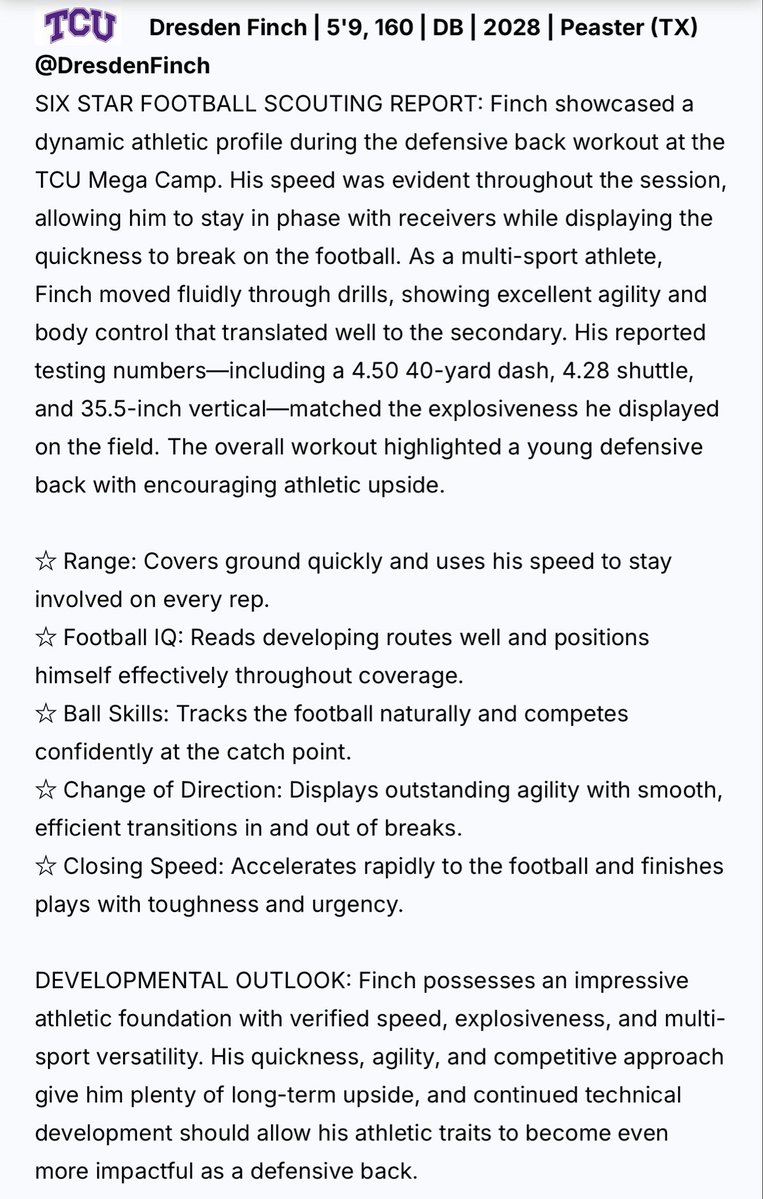 DresdenFinch's tweet photo. Thank you @sixstarfootball for the write up at @TCUFootball camp. Blessed for the opportunity and performance. #AGTG #footballandfaith #safeties #dctf

@PeasterFBALL @RecruitPeaster @TrevorOwens81 @Coach_Blaize @Coach_Pelz @JeffTFrick Coach Staggs

@CoachC_Osunde #C365⭕️ @CoachJ_O 
@JClarkHFB247 @ScottRapp17 @JButler_210 @bench424nmore @mcz_sports @JGrantSports @DanDiEdwardo1 @Gosset41 @GMsportsmedia1 @Recruit_DFW @NextupDfw @DfwSho @USCHippie @OKSTMart @TopTierUofL @Marchen44 @YAthletesF @raj_manjrekar @TopPreps @RecruitMatador @TXPrepSports @SportPrepX @N_W_Sports @CSmithScout @MikeM_Scout @gobigrecruiting @nxt1sports