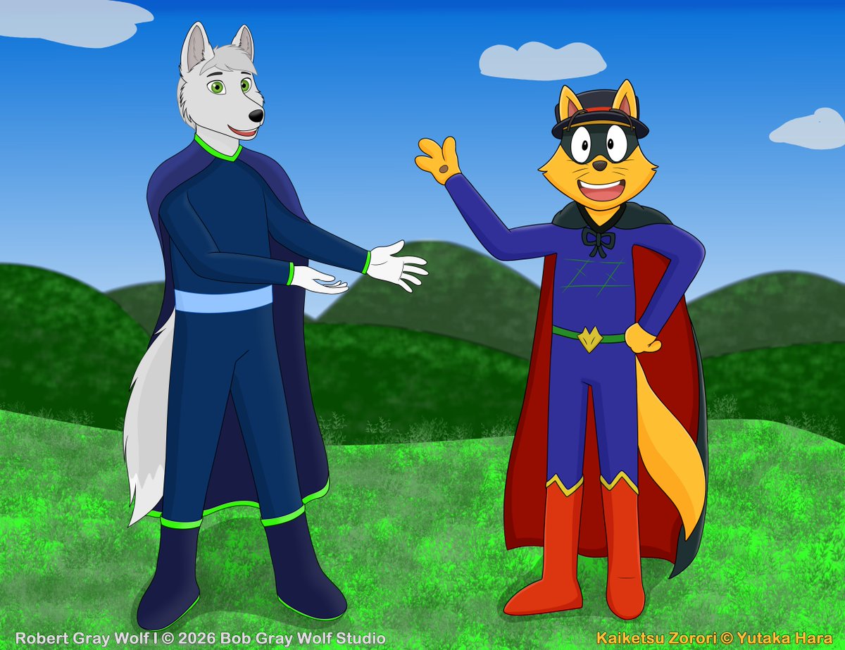 BobGrayWolf's tweet photo. Two Heroes. 

Bob is wearing his uniforme like in the comic My Hero, introducing his guest of honor and friend, Kaiketsu Zorori. 

A very special thanks to ZoemyArt (DeviantArt) and Yutaka Hara-san. 

 #kaiketsu_zorori #originalcharacter #fanart #bobgraywolfstudio #furryart https://t.co/HnldwBGv48