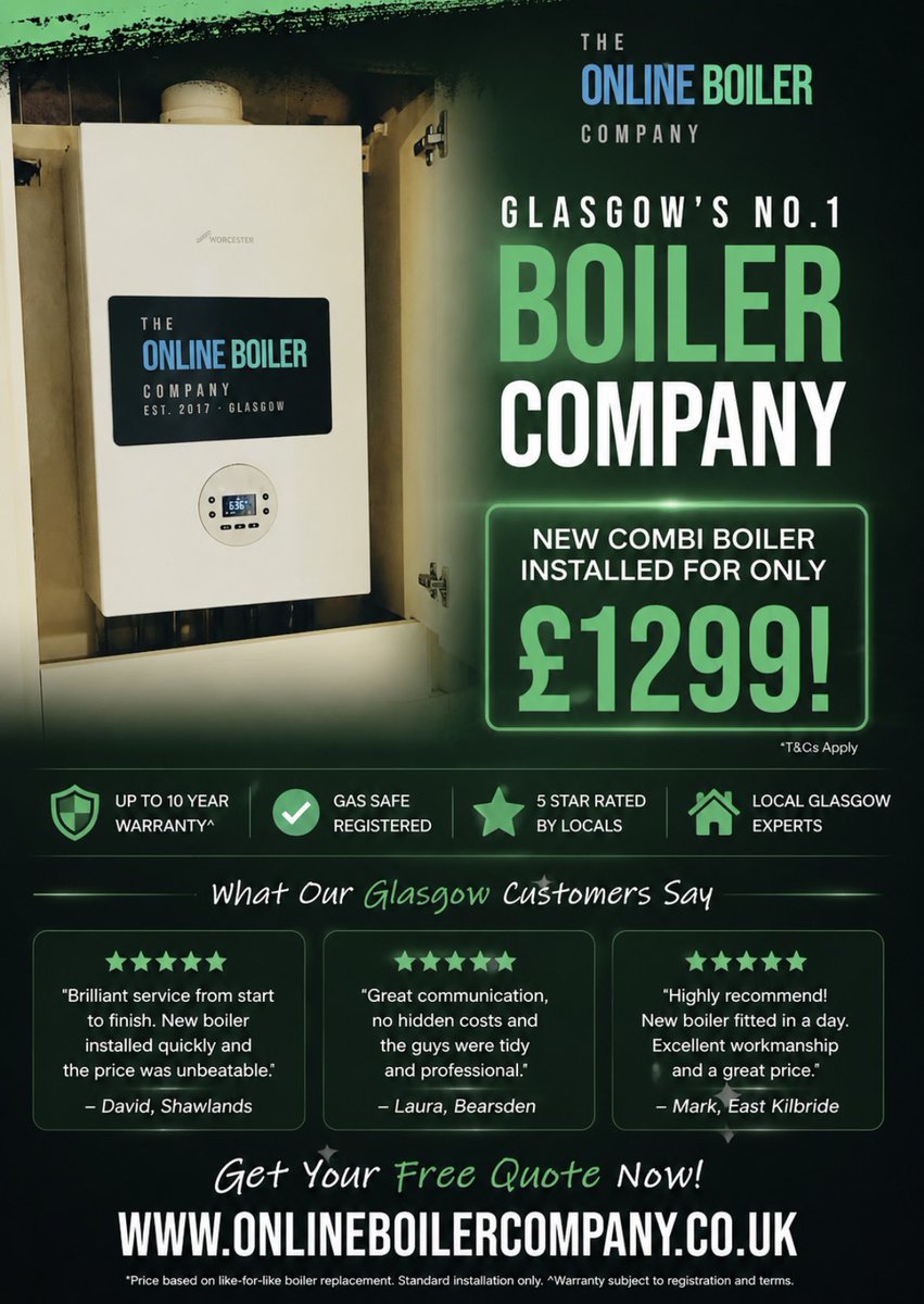 OnlineBoilerCo's tweet photo. GLASGOW’S NO.1 BOILER COMPANY 🥇 

📍 Serving Glasgow &amp; Surrounding Areas
🌐 https://t.co/ZhtUKZYNr4

#GlasgowBoilers #BoilerInstallationGlasgow #BoilerReplacementGlasgow #NewBoilerGlasgow #CombiBoilerGlasgow #FreeBoilerQuote #GasEngineersGlasgow #WorcesterBoschGlasgow https://t.co/7EsNhCoWHj