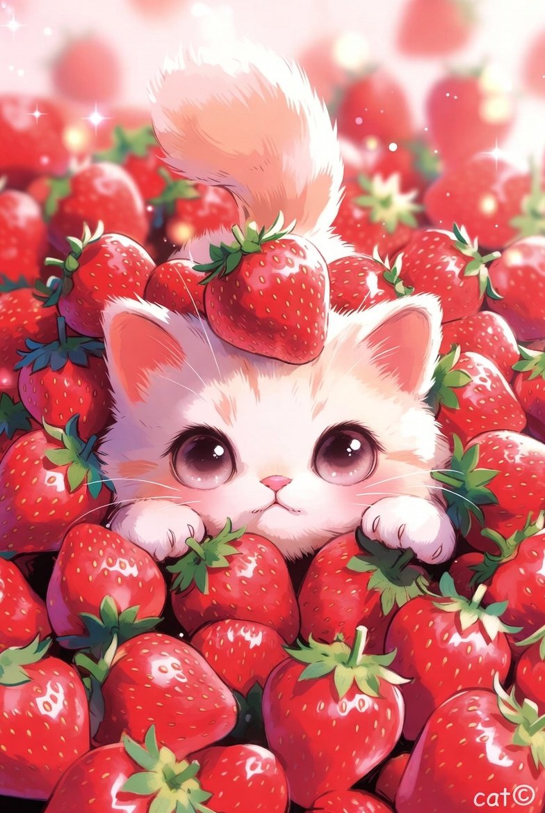 AIいちご狩り おめでとうにゃん😸 イチゴいっぱいあげるにゃん☺🍓🍓🍓