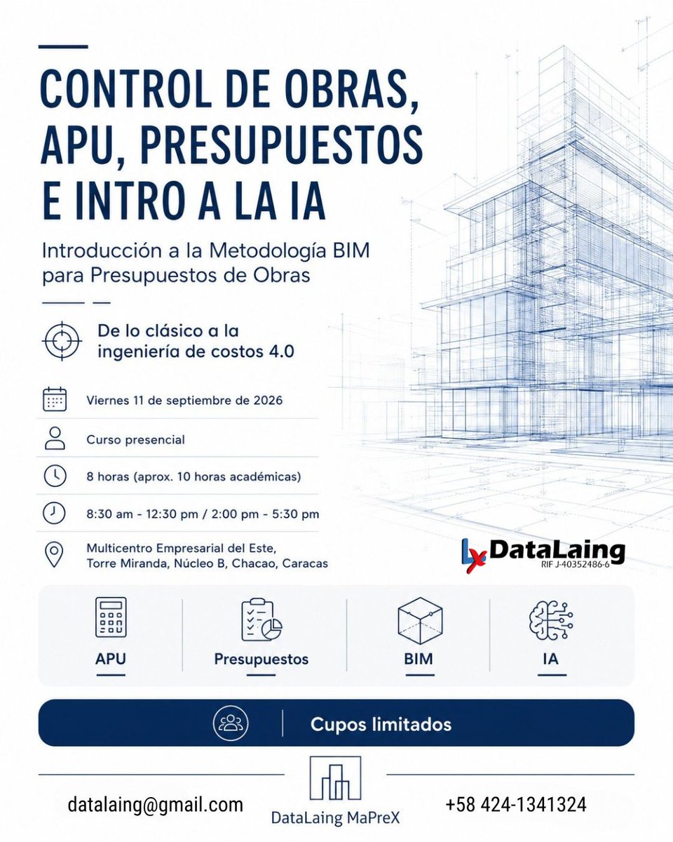 datalaing's tweet photo. 🎓 ¡Inscríbete ya! Curso APU – Análisis de Precios Unitarios con DataLaing. Domina la elaboración de presupuestos con expertos del sector. 📅 11 de septiembre | Caracas. ¡Cupos limitados! #CursoAPU #DataLaing #Construcción https://t.co/f0FwajmEnj
