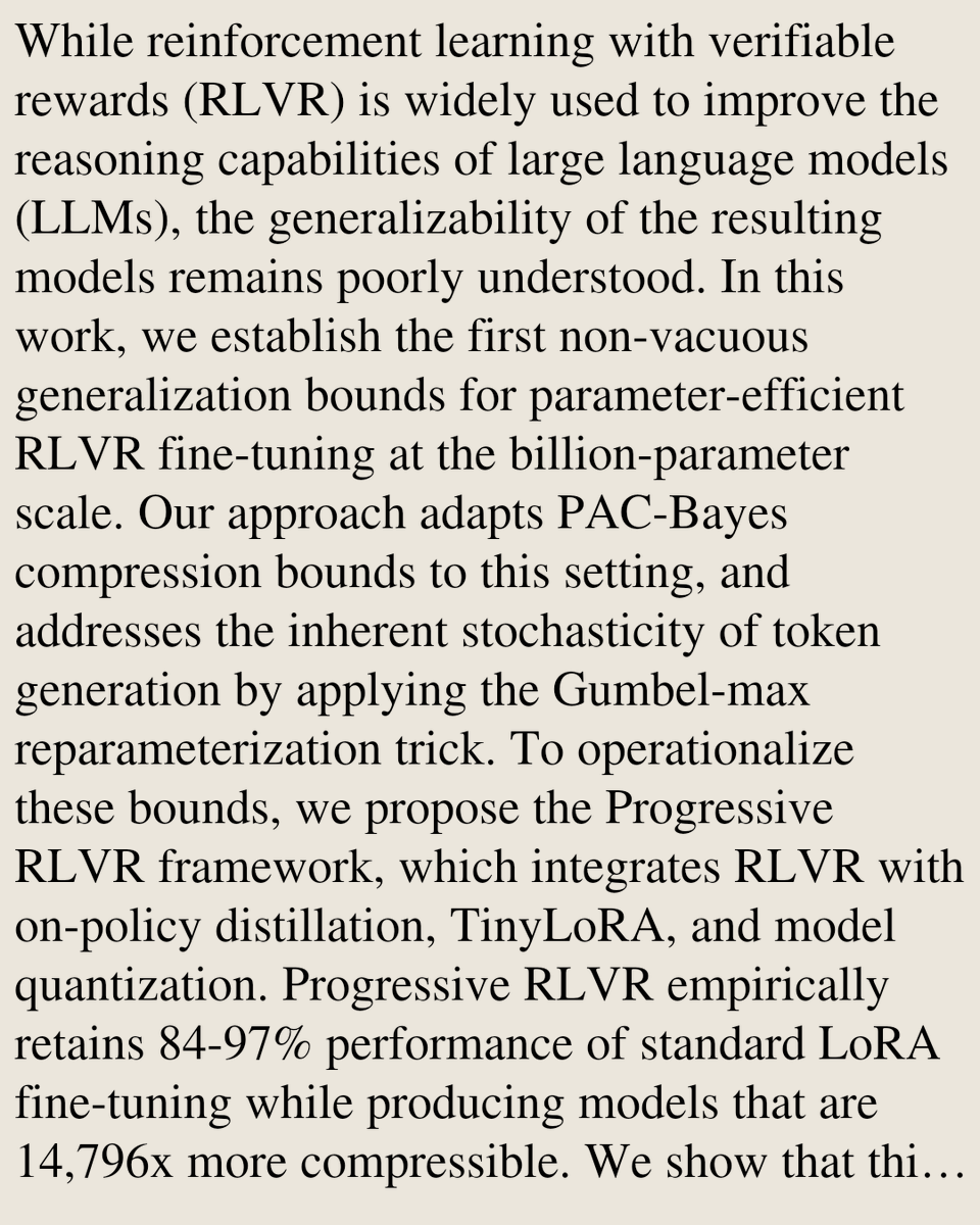 Memoirs's tweet photo. Non-vacuous Generalization Bounds for Reinforcement Learning with Verifiable Rewards

Yuxuan Zhu, Rohan Alur, Daniel Kang
https://t.co/sLNBTZC2jt [𝚌𝚜.𝙻𝙶 𝚌𝚜.𝙰𝙸] https://t.co/CNYTDY0KLV